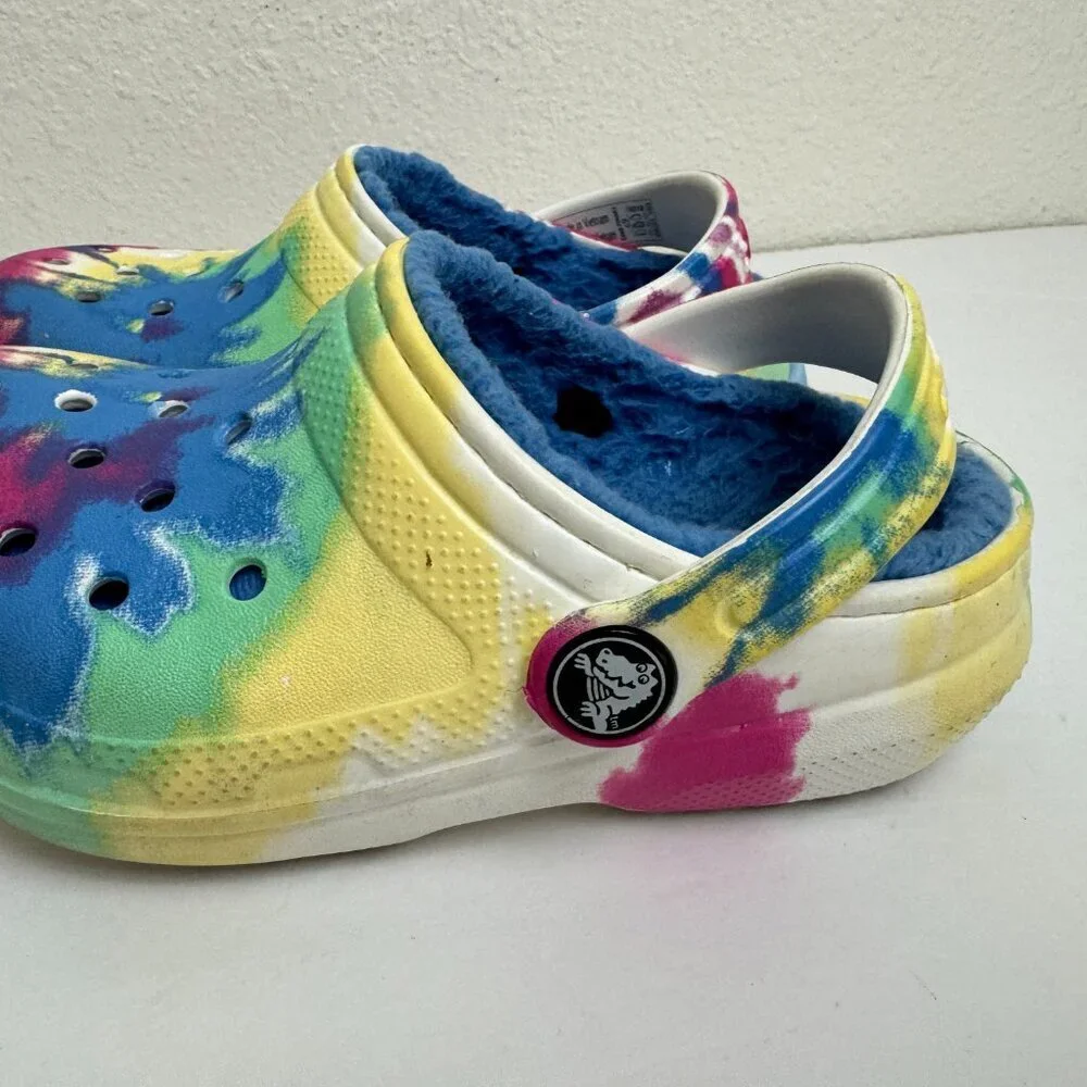 CROCS Kids Tye Dye Colorful faux fur Pink Blue Yellow size 9
